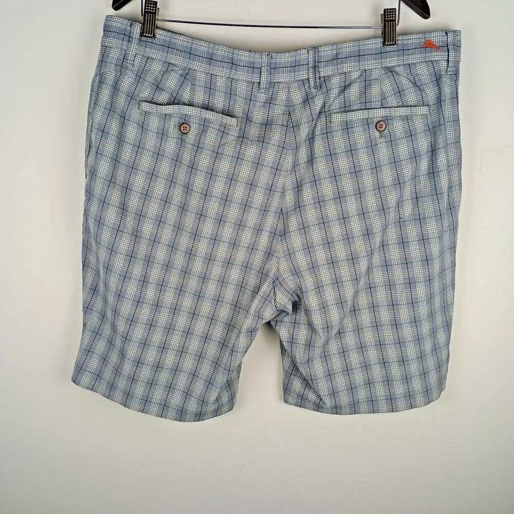 Tommy Bahama Paradise Tech Men 38x10 Inch Gray Plaid Shorts Stretch Nylon Blend